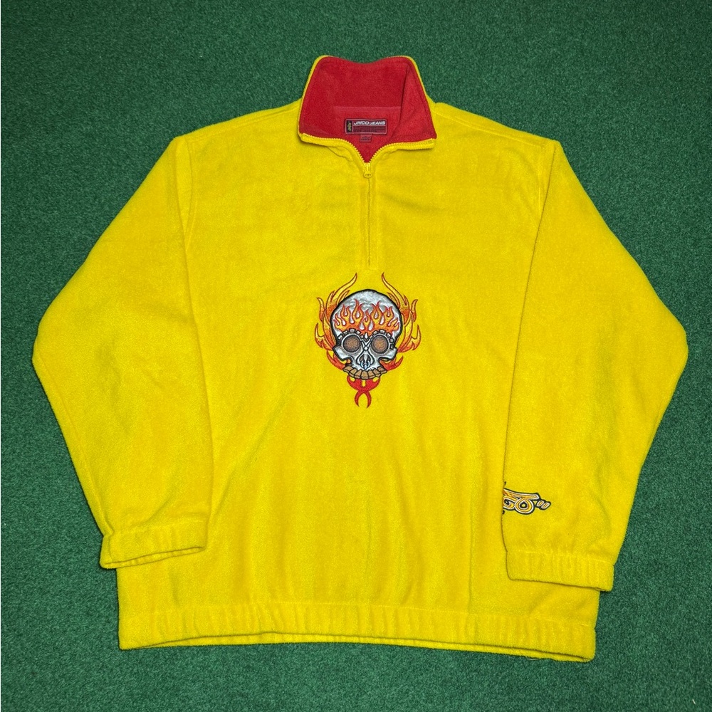 Vintage Jnco Jeans 90s Flame Skull Skater Grunge XL 1/4 Zip Fleece Sweatshirt